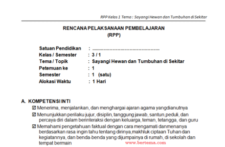 RPP Kelas 3 Tema Sayangi Hewan dan Tumbuhan Sekitar
